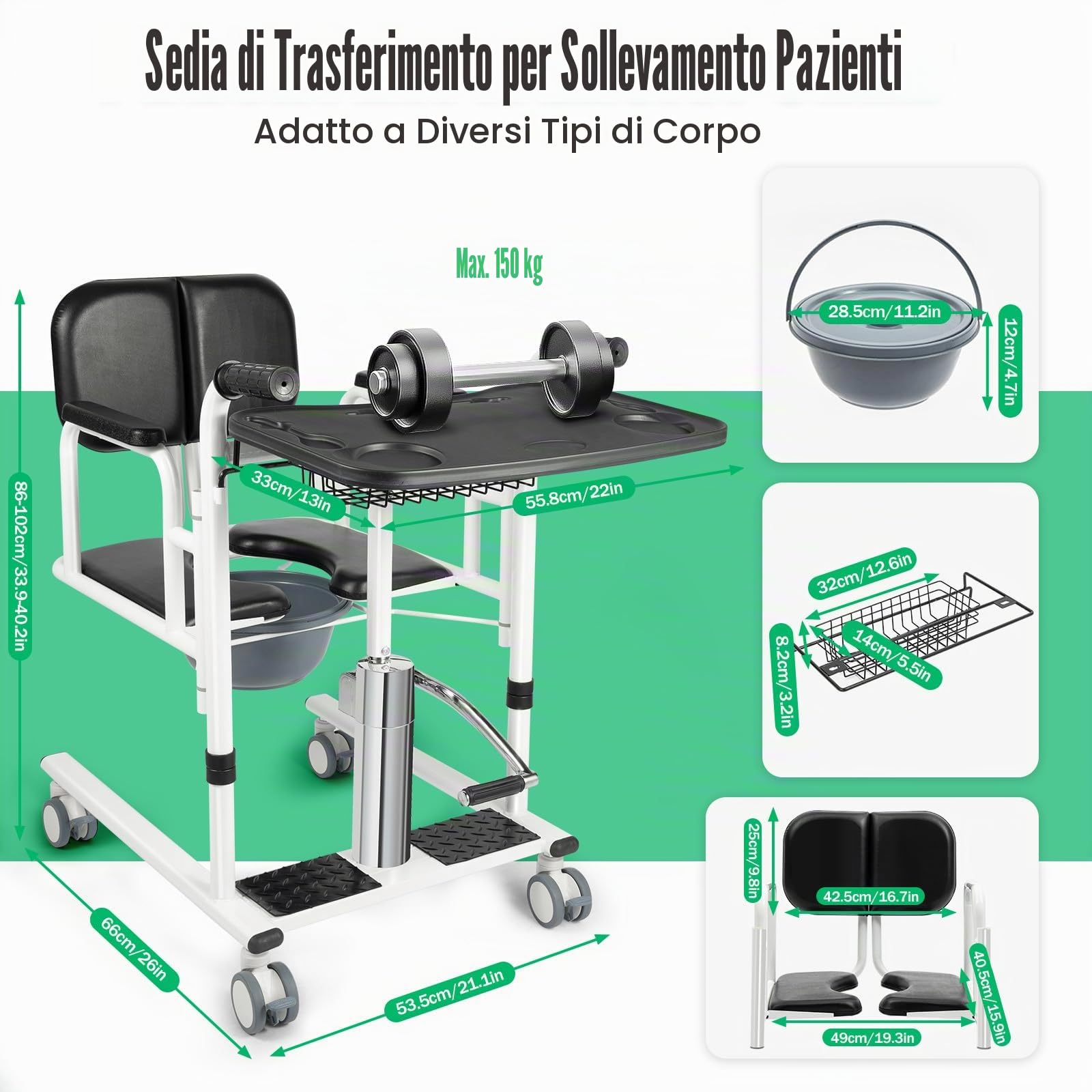 Sollevatore per Disabili e Anziani, Sedia a Rotelle WC Altezza di Sollevamento Regolabile, per la Casa, 150 kg, Capacità di Carico del Paziente (Nero)