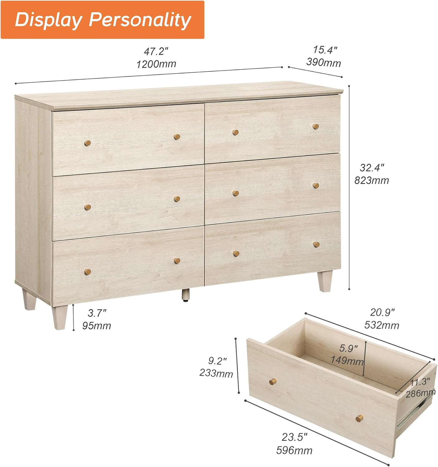 WAMPAT Dresser and Nightstand Set for Bedroom, 47.2 Inches Wood Dresser with 6 Drawers, 1 Piece Nightstand with Charging Station, Chest of Drawers and Bedside Table Set, Light Oak