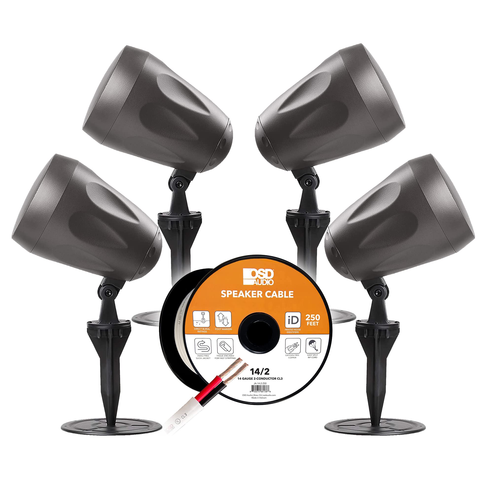 OSD Audio All-Weather Outdoor Speaker System – 4 Pendant-Style 6.5" Landscape Speakers with 250ft Direct Burial Speaker Wire for Patios, Backyards & Commercial Settings