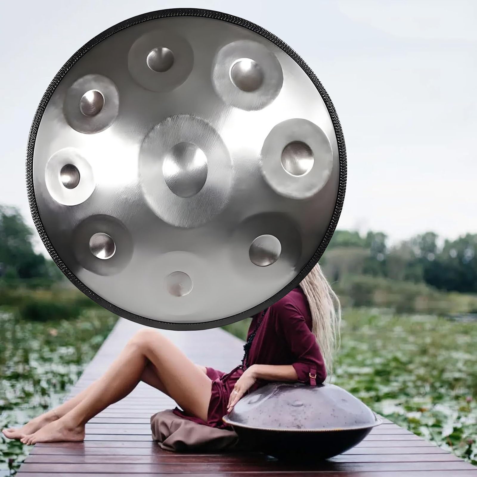 Handpan de 56cm en Re Menor, 9 10 12 Notas Handpan Drum | Tambor de Acero Percusión con Bolsa, Soportes y Mazos | Instrumento Musical Profesional para Terapia y Meditación(Silver,432HZ/9Note)