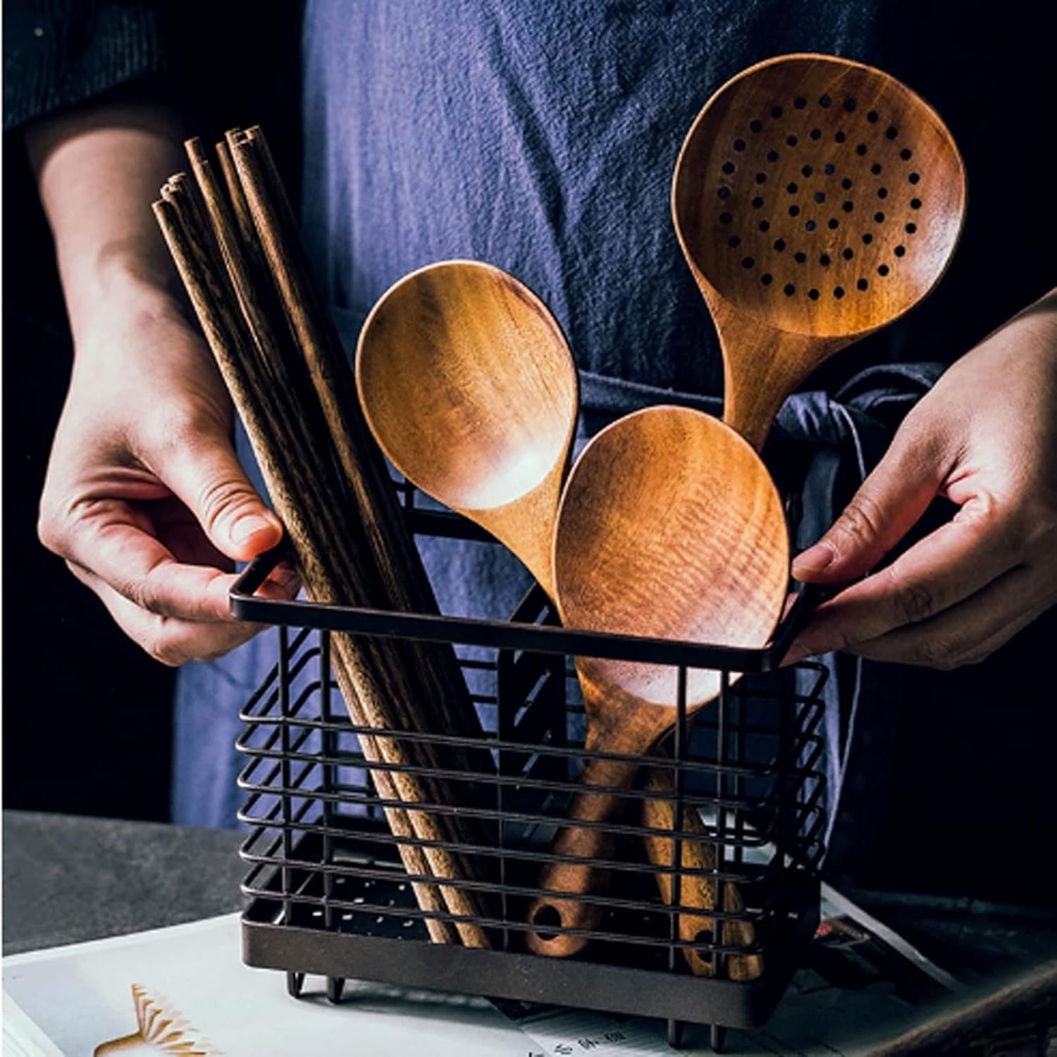 スプーン 1台のPC、木製のキッチンスプーンチークウッドストレーナースプーンライススクープパドル大型木製スプーンスキマーの木製の台所