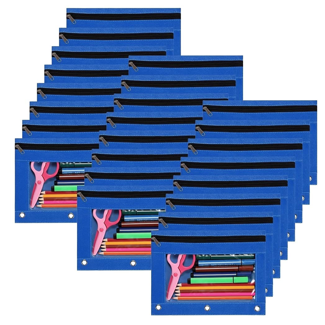 YoeeJob Bolsas para carpetas con 3 anillas, estuche para lápices con ventana transparente, bolsa de papelería con cremallera para oficina de clase escolar, paquete de 24, azul
