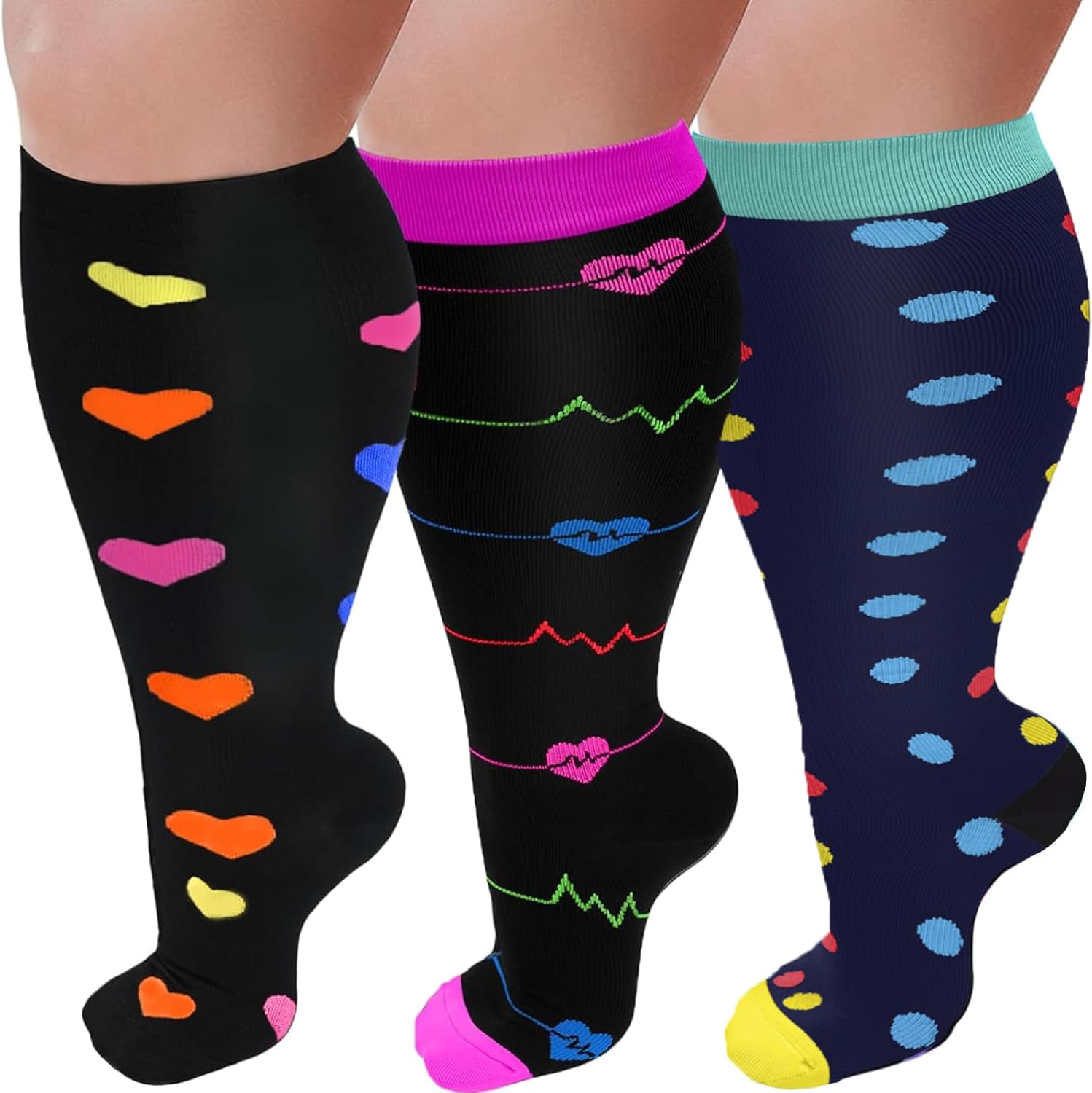 3 Pairs Plus Size Compression Socks for Women and Men Wide Calf 20-30mmhg Extra Large Knee High Support for Circulation
