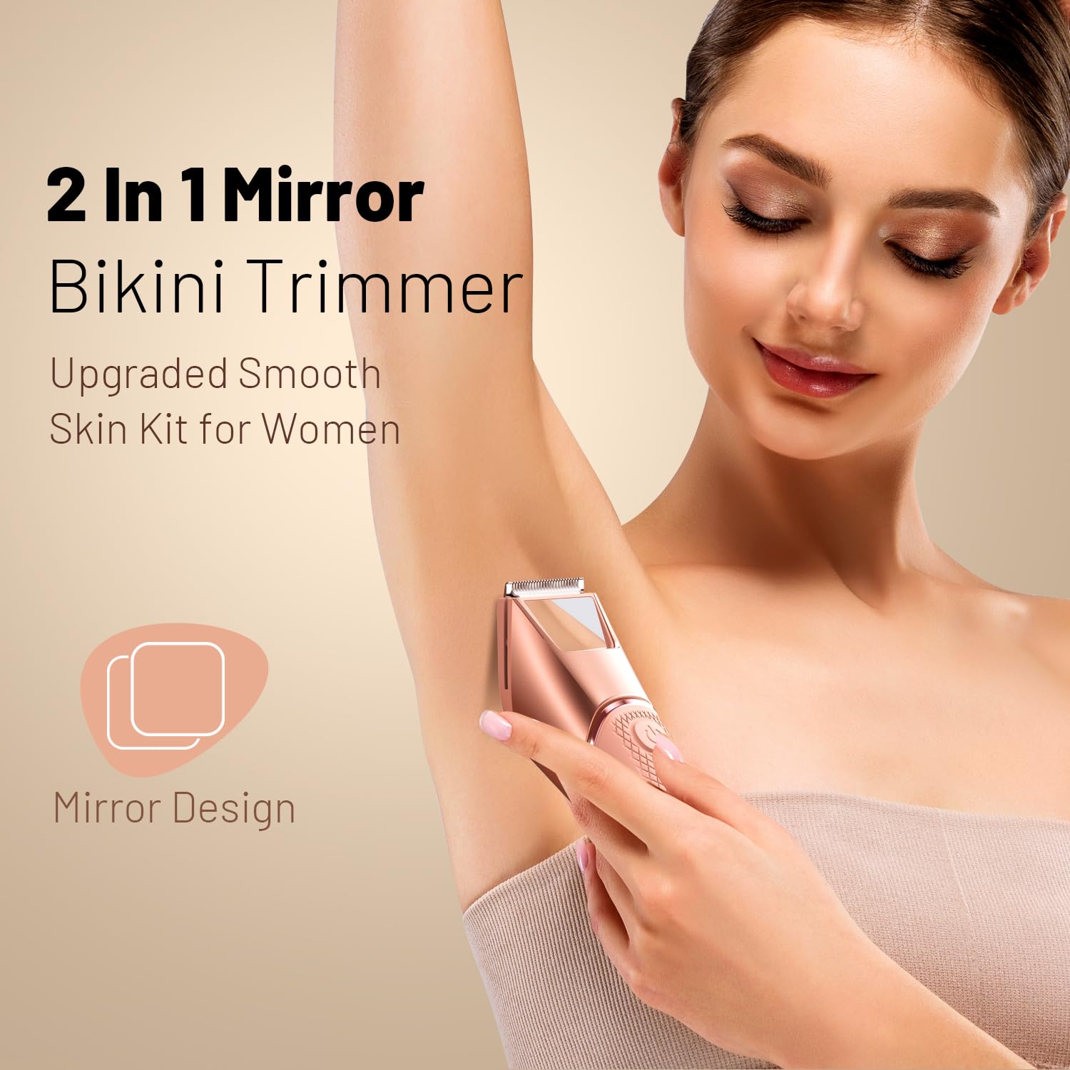Rasoio per bikini ricaricabile da donna: body groomer con specchio e luce a LED per doccia da viaggio, rasoio per peli pubici impermeabile IPX7, lame in ceramica, rasoio elettrico - rosa chiaro