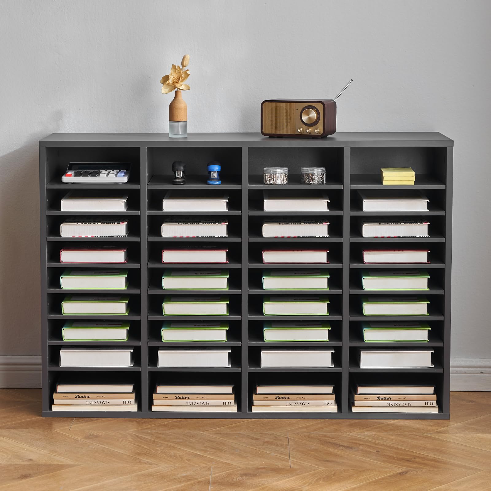 VEVOR Organizador de Literatura 997 x 305 x 680 mm, Clasificador de Madera de Oficina de 36 Compartimentos con Estantes Ajustables, para Almacenamiento para Archivos, Documentos, Papeles, Gris
