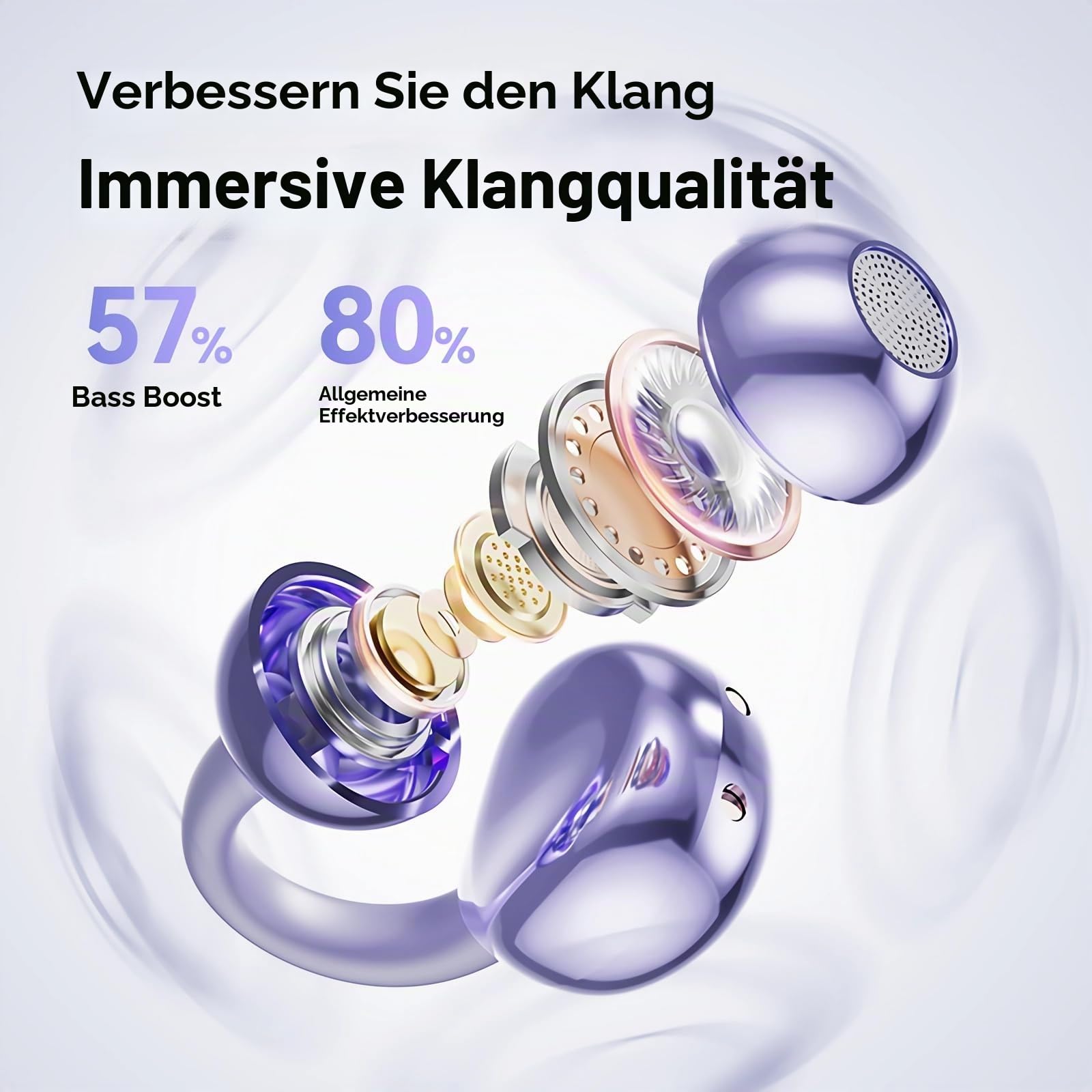 PTHTECHUS Open Ear Kopfhörer Bluetooth, Open-Ear-Clip Kabellose Kopfhörer mit 4,3g Lightweight, Bluetooth 5.4 Clip On Kopfhörer, Komfort-Ohrhörer, 65 Std Laufzeit für Sport Arbeit Studium (Lila)