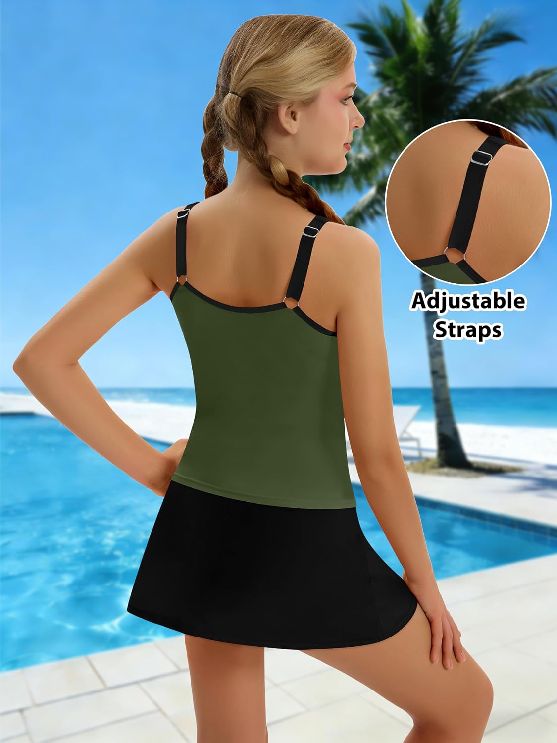 Girls Tankini Swimsuit 2 Piece Bathing Suits for Girls Square Collar Swim Dress High Waist Swimwear 9-16Y