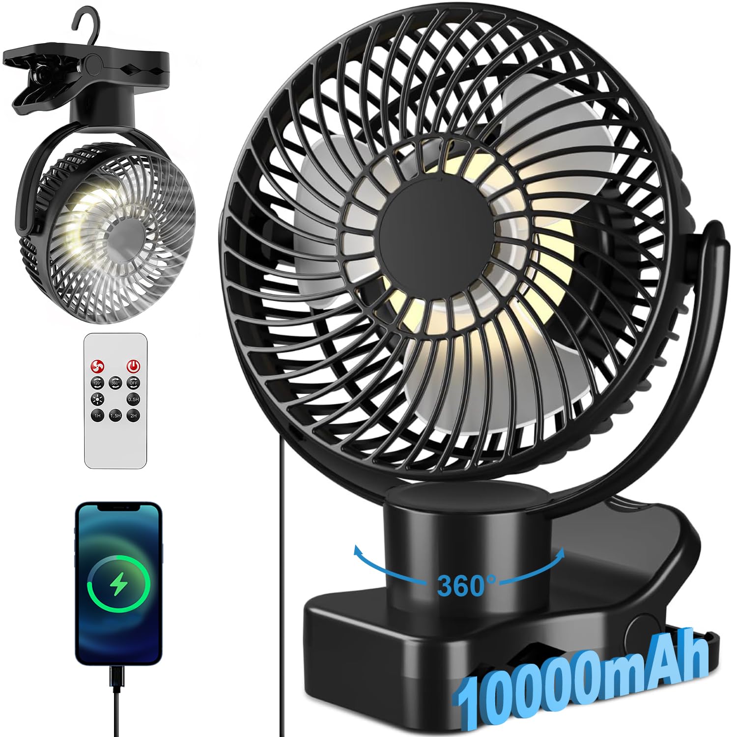 360° Oscilación Ventilador Pinza con Mando a Distancia - 10000mAh Portatil Recargable USB Ventilador de mesa - Silencioso Mini Clip Ventilador Camper 4 Niveles & Temporizador - luz LED- 75H - Ø17.5cm