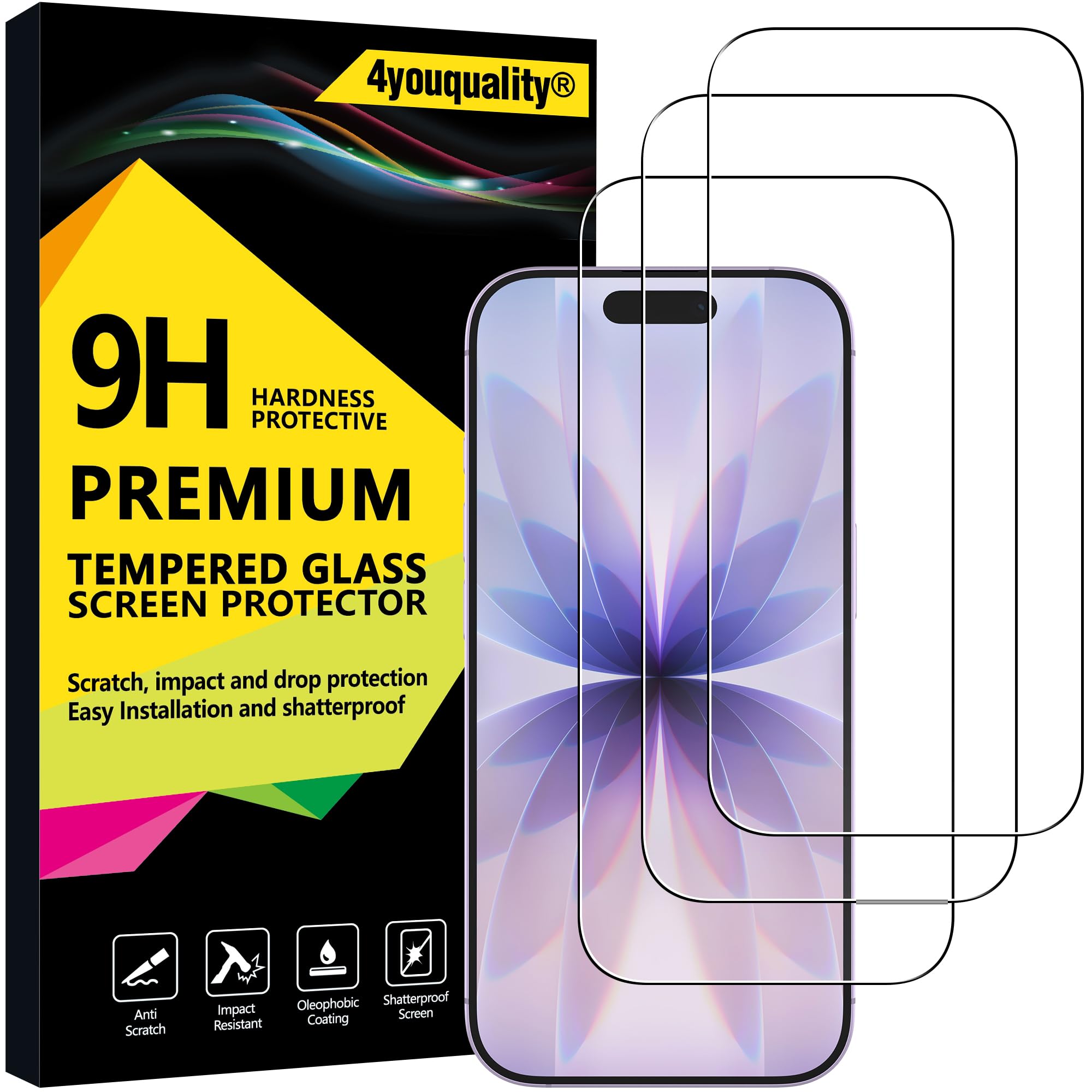 4youquality [3-Pack Screen Protector for iPhone 17/17 Pro / 16 Pro (6.3-Inch), Tempered Glass Film, [LifetimeSupport][Impact-Protection][Anti-Shatter][Anti-Scratch]
