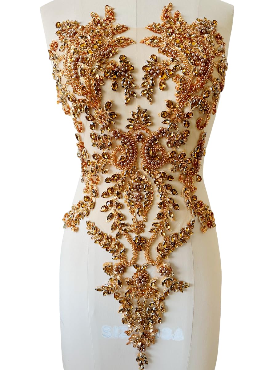 Handmade Shiny Rhinestones Applique handsewing Beaded Sequins Crystal on lace Trim Patches for Prom Dress Clothing Decorative Accessories (Champagne) : Arts, Crafts & Sewing
