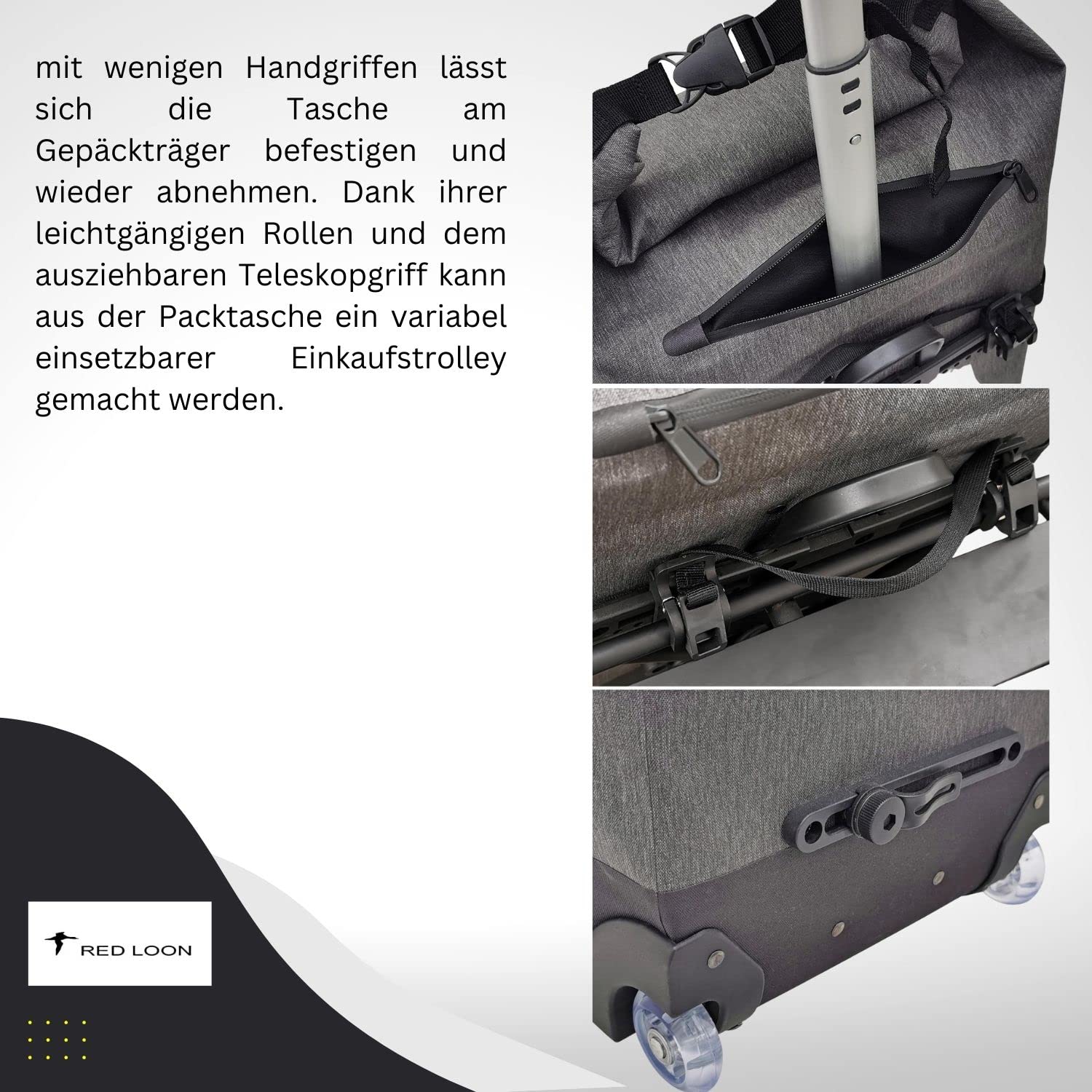 Red Loon Fahrradtasche | Packtasche & Trolley | wasserdichte Gepäckträgertasche mit Teleskopgriff | 28 Ltr Volumen