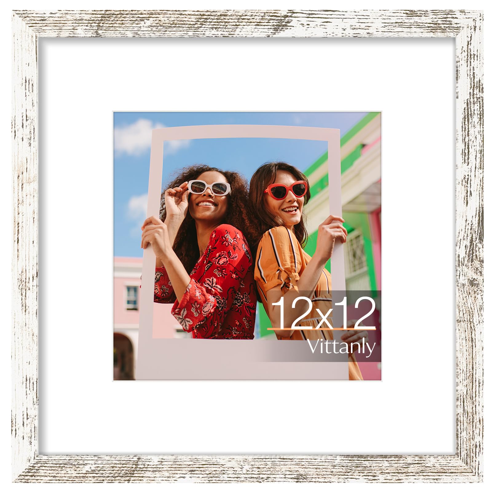 Vittanly 12x12 Picture Frame, Matted for 8x8 Photos, Distressed White — image 1