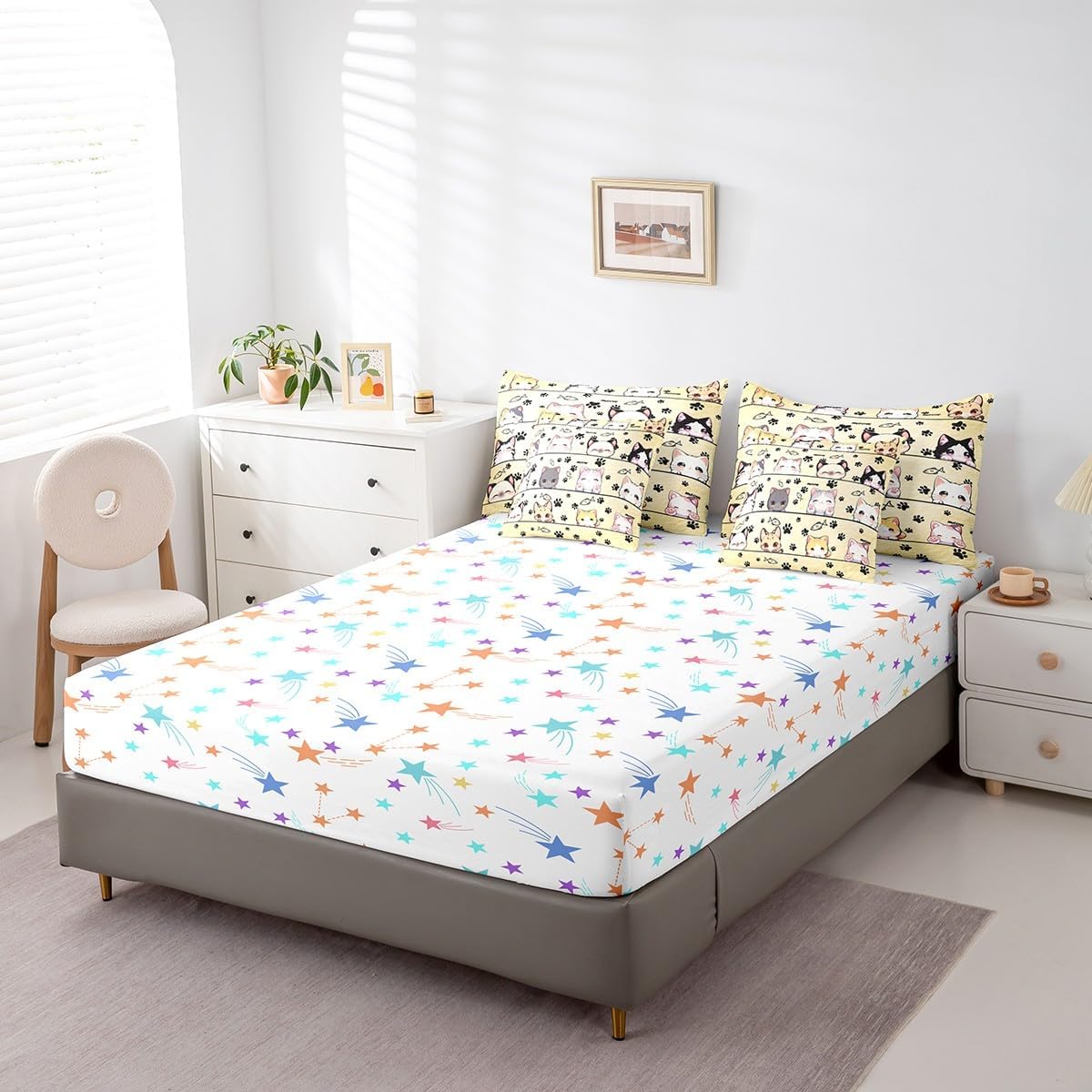 Manfei 7 Pieces Lovely Cat Comforter Set for Kids,Cute Pet Kitten Bedding Set Twin Size,Cartoon Style Animals Comforter for Boys Girls Adult Super Soft Fade Resistant Microfiber Bedding