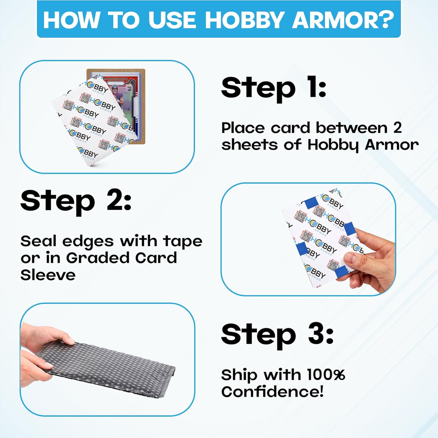 200 Pack Trading Card Shipping Protector by Hobby Armor, 3.5" x 4.5" with Rounded Corners, Vibrant Multi-Color Card Protector to Guard Cards From Dings, Premium Lightweight Cardboard Shipping Supplies