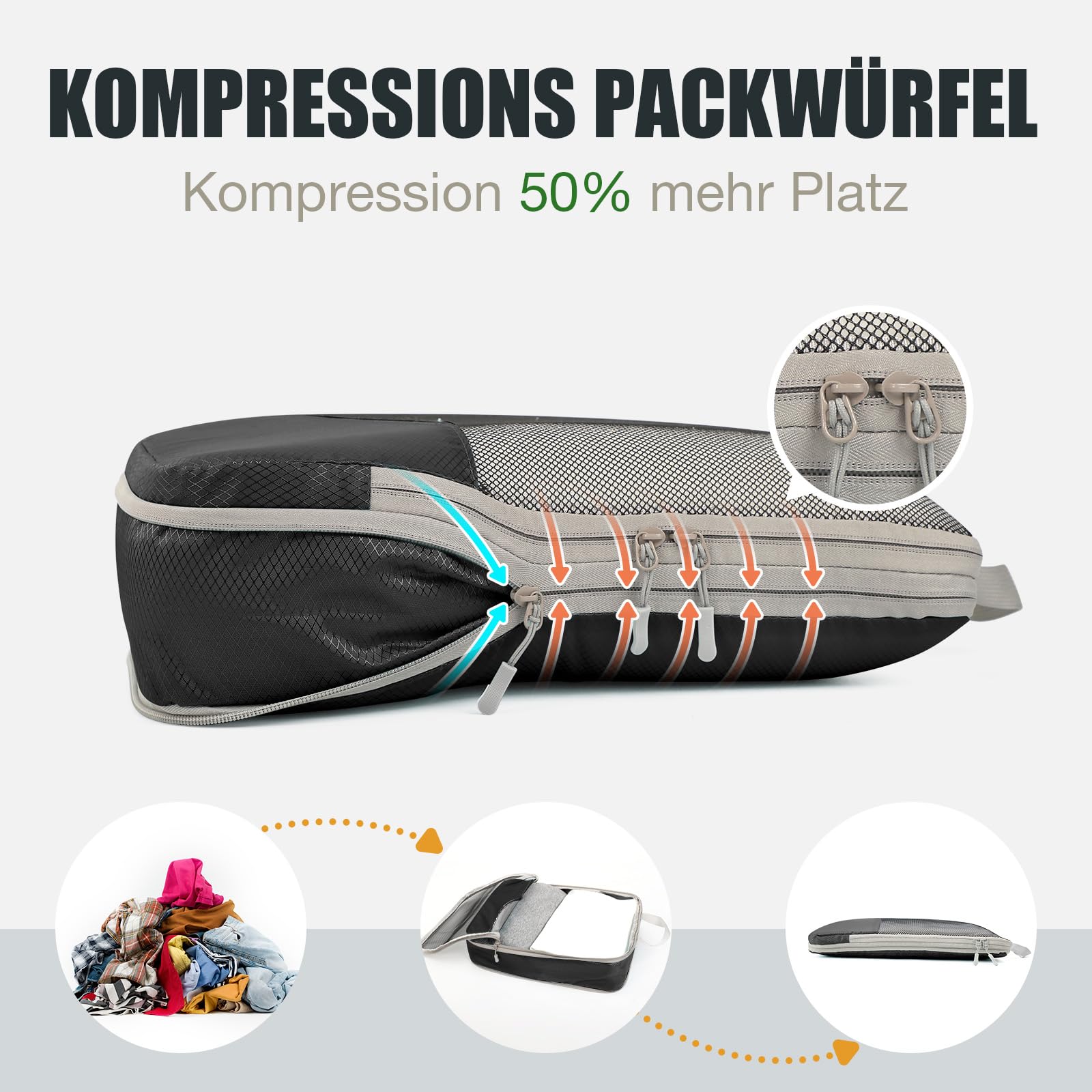 8 × Compression Packing Cubes, Organizer per valigie, Borse da imballaggio, a compressione, impermeabile, a compressione, leggero, set di organizer da viaggio (nero)