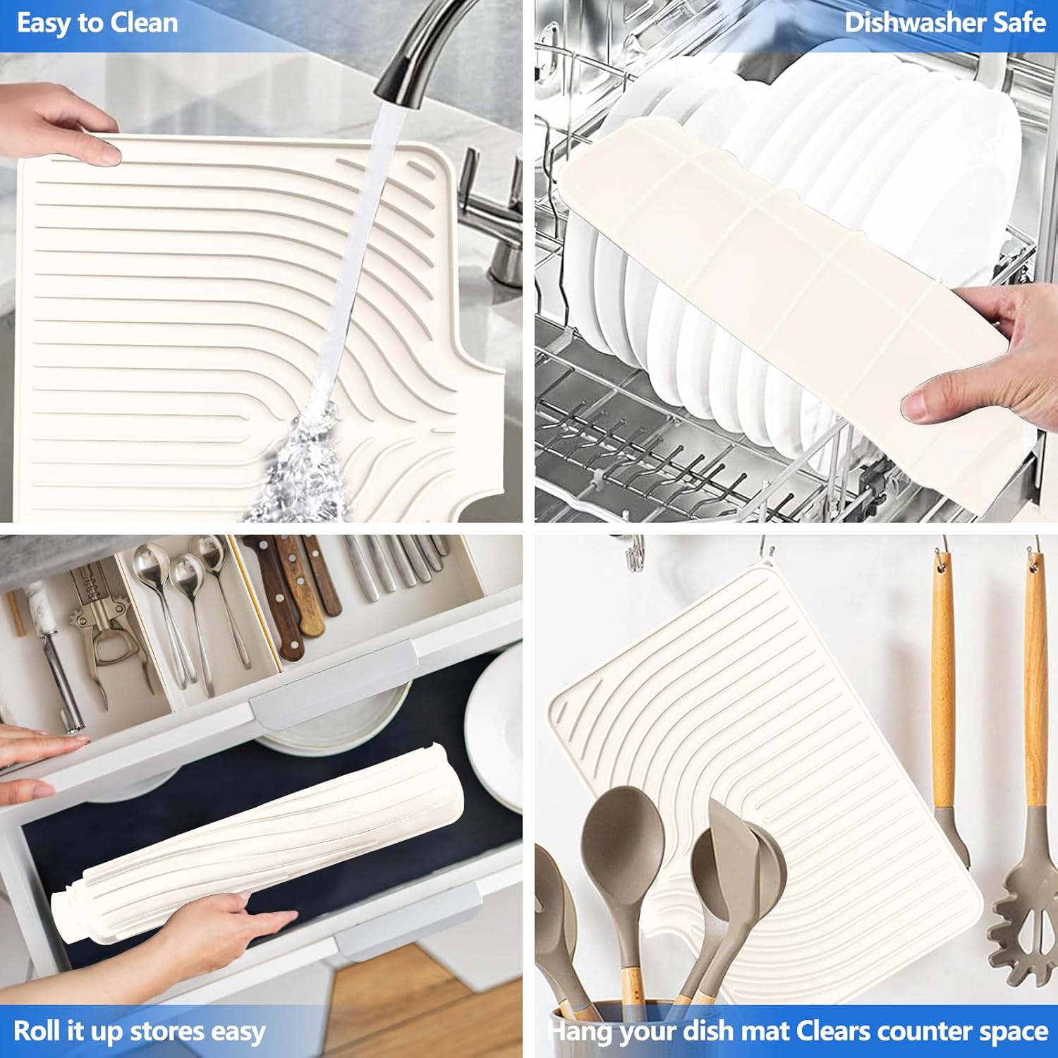 Dish Drying Mat for Kitchen Counter, with Built-in Drain Lip, Food-Grade Silicone, Easy Clean Pad for Countertop Protection, Multi-Functional Use (18x11.8, Cassava White) - Image 4