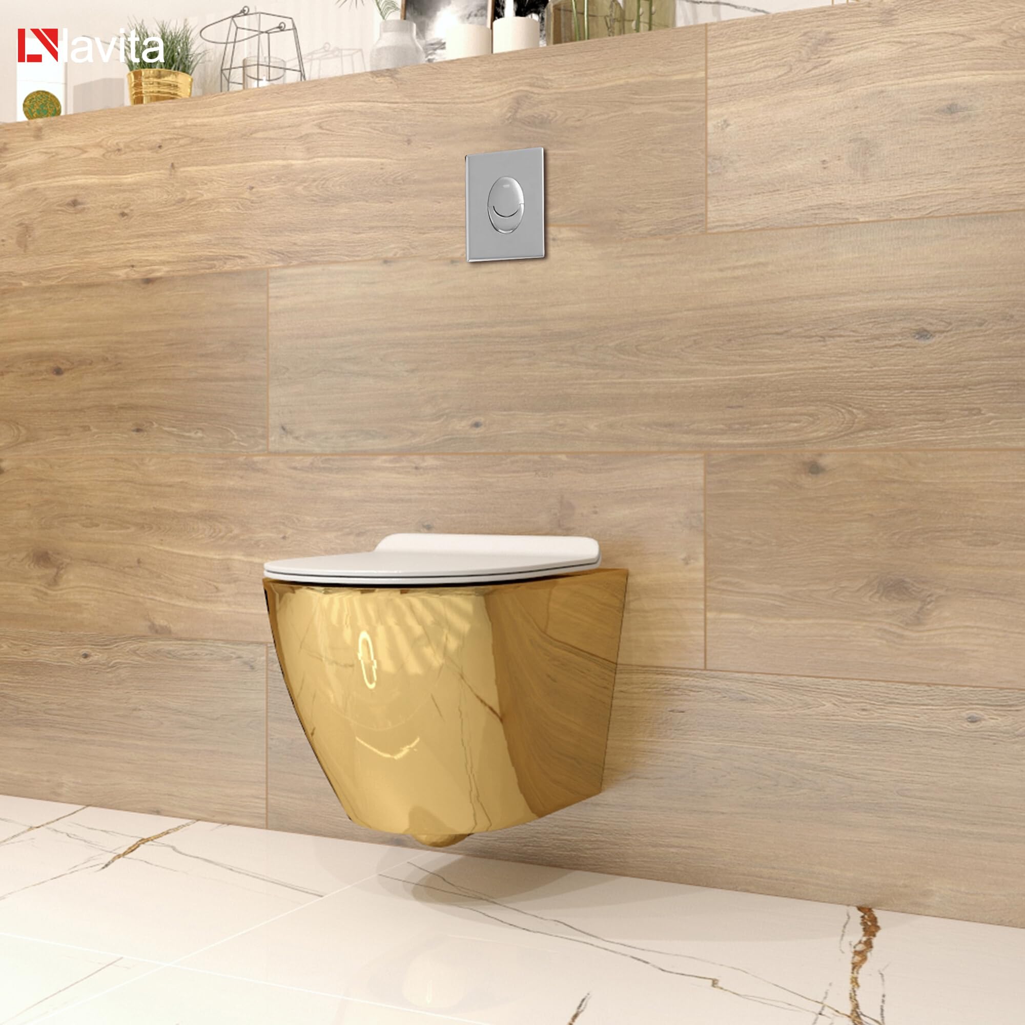 Lavita Vorwandelement Solido Start + Wand Hänge WC Sofi Slim Gold/Weiß Spülrandlos + WC Sitz mit Absenkautomatik Verchromter Knopf Komplettset Unterputz Spülkasten Toilette Komplett Sett WC