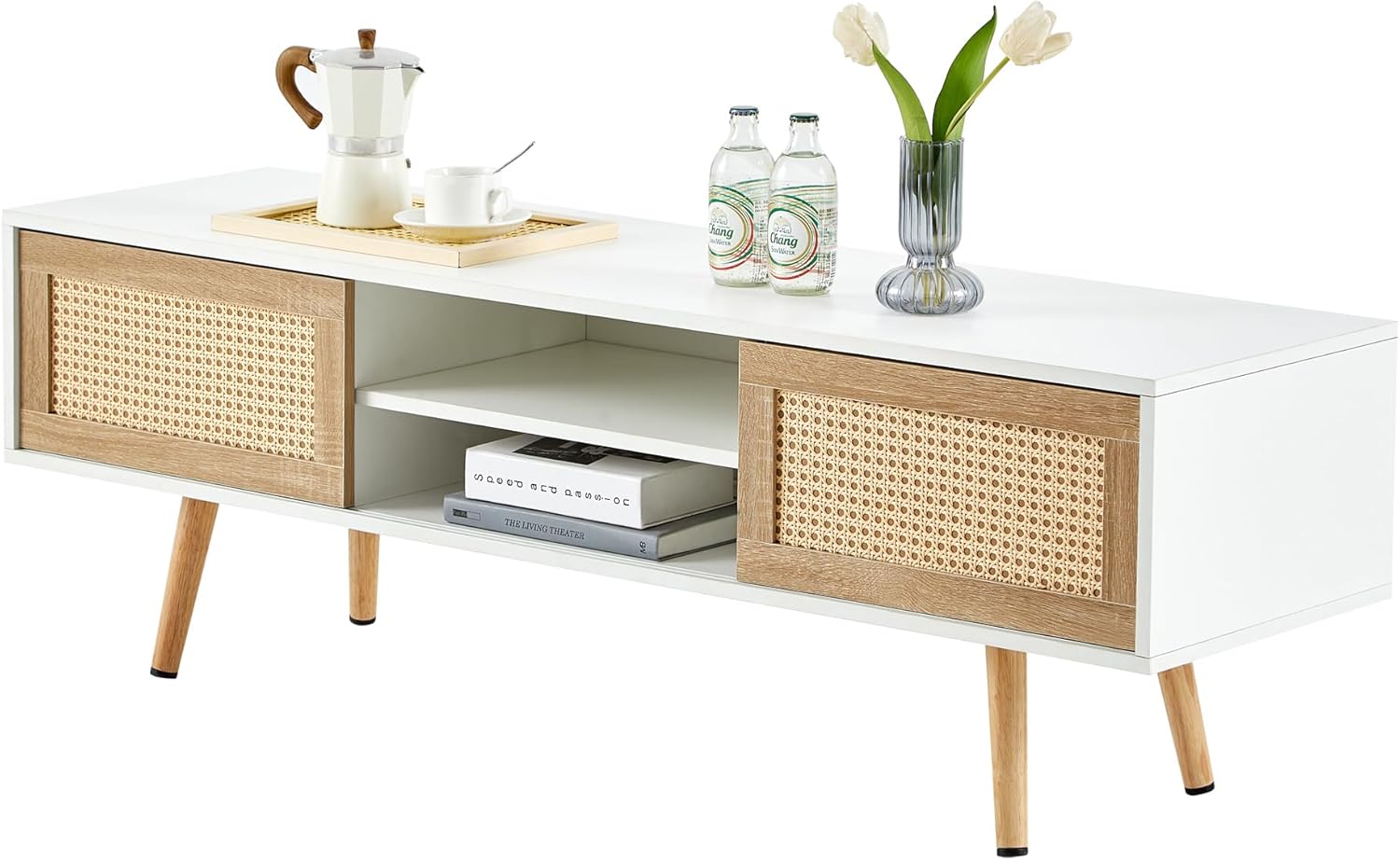 Rattan TV Stand Entertainment Center, 55" L TV Console Table Storage Cabinet Wooden with Sliding Doors Plastic Rattan for Living Room Farmhouse Furniture (white-55)