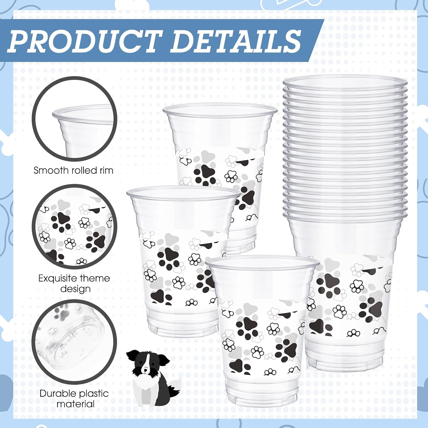 SiliFine 50 Pcs Blue Dog Paw Print Plastic Cups Puppy Birthday Party Cups Bulk 12 oz Disposable Clear Birthday Decorations for Ice Coffee, Smoothie, Juice, Baby Shower Party Supplies image 3