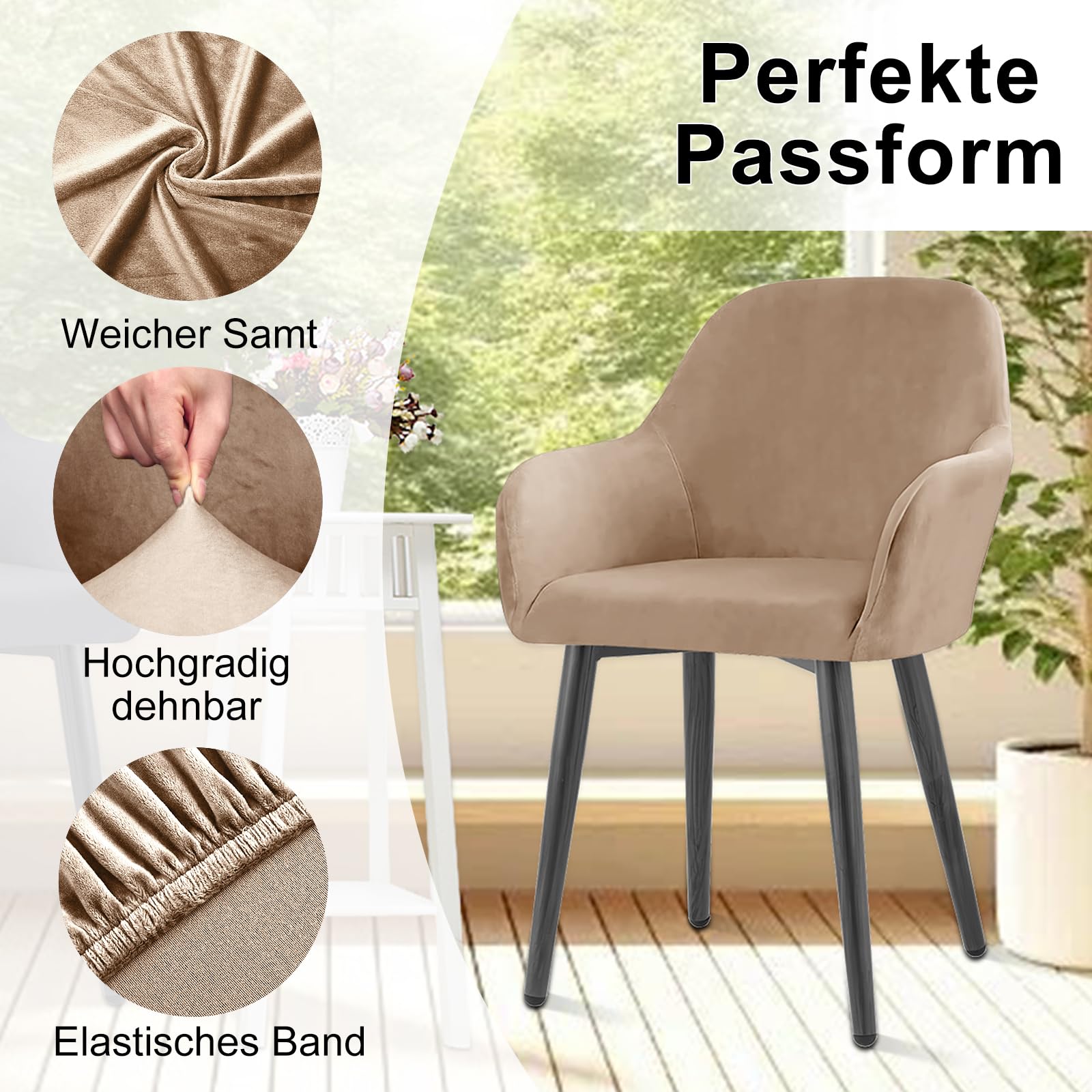 Alishomtll Stretch Samt Stuhlhussen 4er Set Universal Sesselbezug Stuhlbezug mit Armlehnen Abnehmbare Waschbar Esszimmerstühle Bezug für Küche Esszimmer Bankett Hochzeit Party (Kamel, 4 Stück)