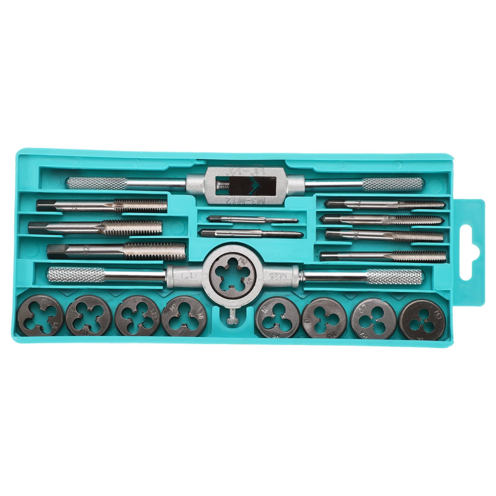 Juego de 20 machos y terrajas métricos M3-M12, kit de herramientas para reroscar roscas de tornillos, machos y terrajas, llave con mango, soporte con estuche de almacenamiento para roscas macho y h