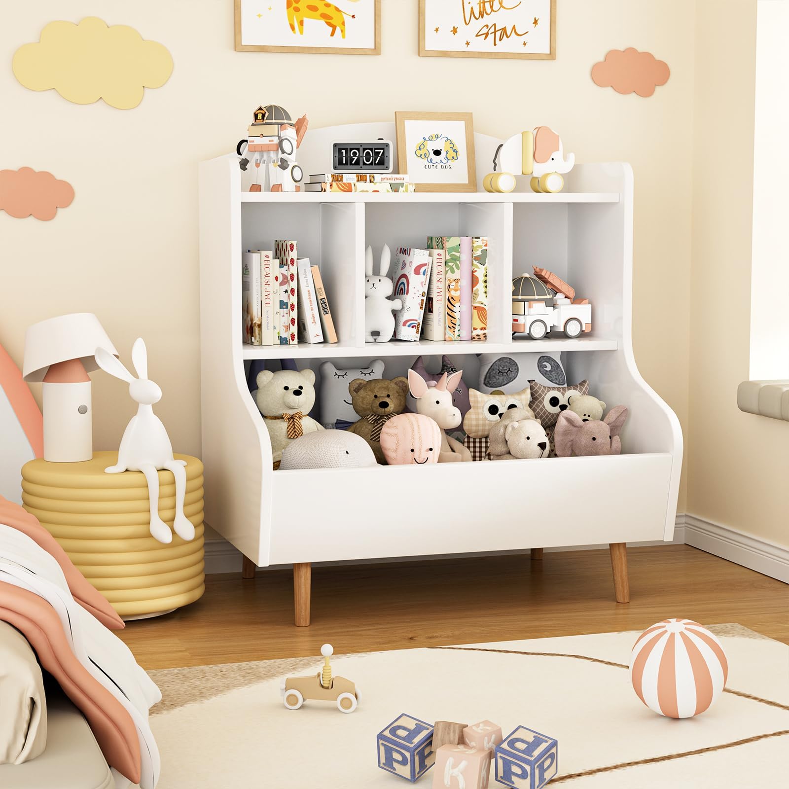 Estantería para niños con Almacenamiento de Juguetes - Biblioteca para niños, estantería de 3 Niveles con Patas, 5 Compartimentos para habitación de niños y de bebé, Blanca