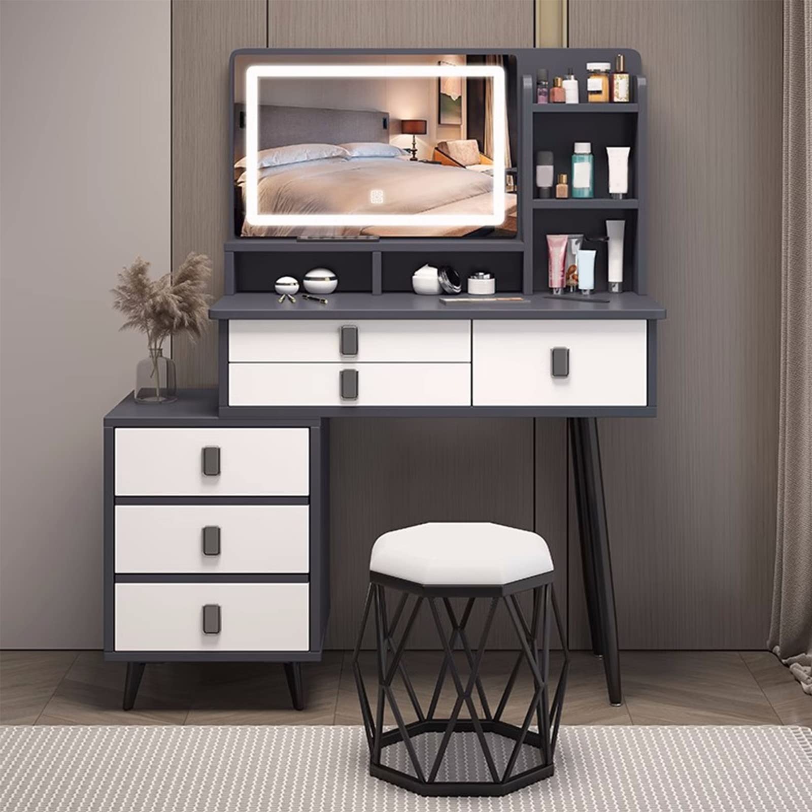 asdchZen Makeup Dressing Table Set With Adjustable Brightness Mirror Lights 3 Color Options Vanity Desk With Drawers & Shelves 31 Inch Modern Dresser For Home Decor,100Cm