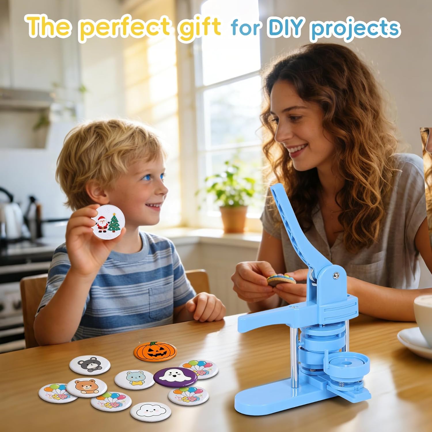 Button Maker Machine, Molds in 3 Sizes: 2.28“, 1.25”, and 1”, 500 Buttons, 15 Fridge Magnets, 15 Bottle Openers, 15 Keychain, Pin Maker Machine Kit DIY, Circular Cutter in 3 Sizes
