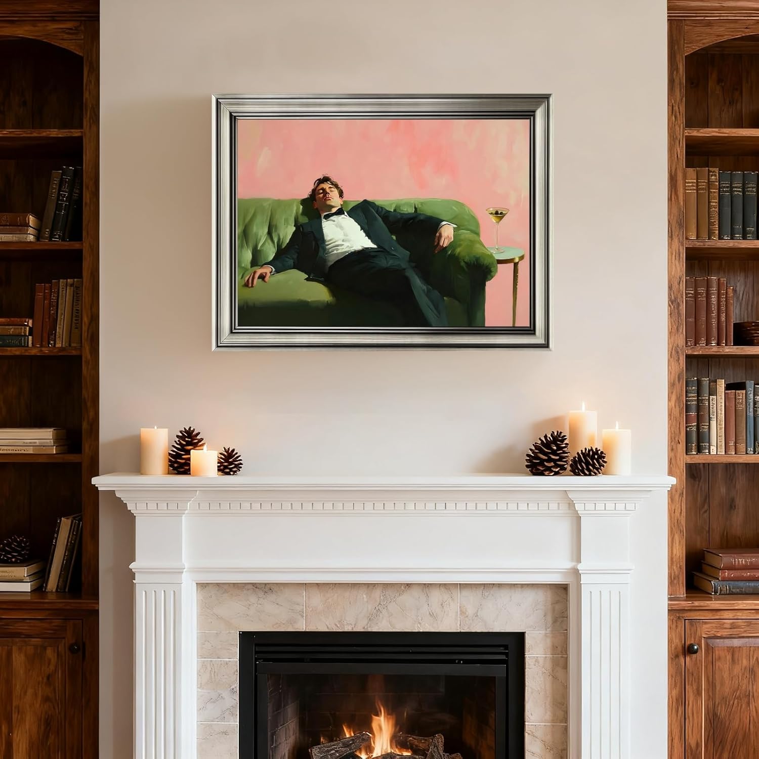 Framed Man on Couch with Martini Wall Art Soft Tonal Oil Painting Cocktail Poster Relaxing Bar Cart Decor Trendy Vintage Aesthetic Canvas Print Picture for Home Room Kitchen Lounge 24x36inch Silver