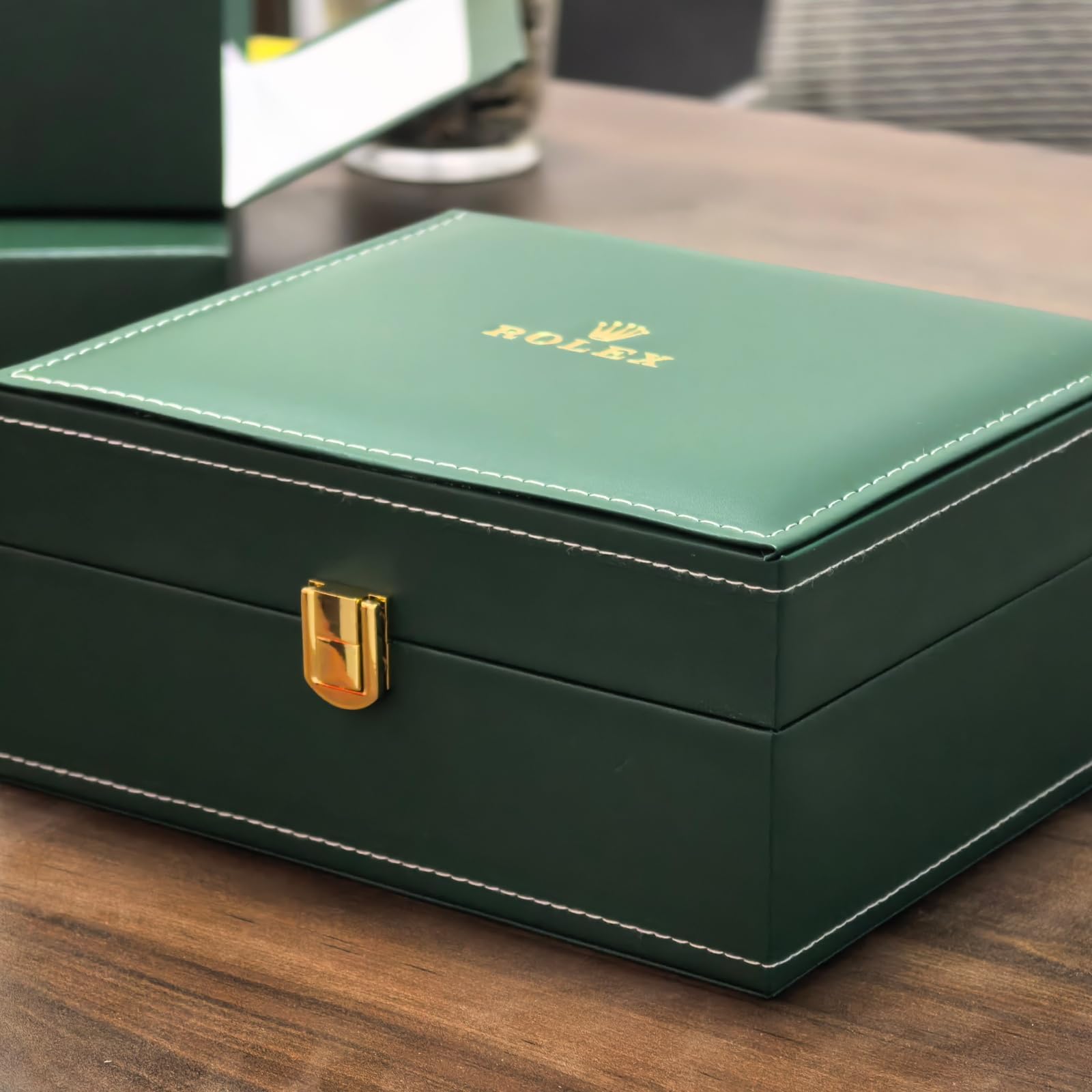 Maletín Reloj Formato Grande Verde Cuero Sintético Pespunte Hardware Dorado Cojín Crema Rejilla Única Hombre para Rolex Submariner Date