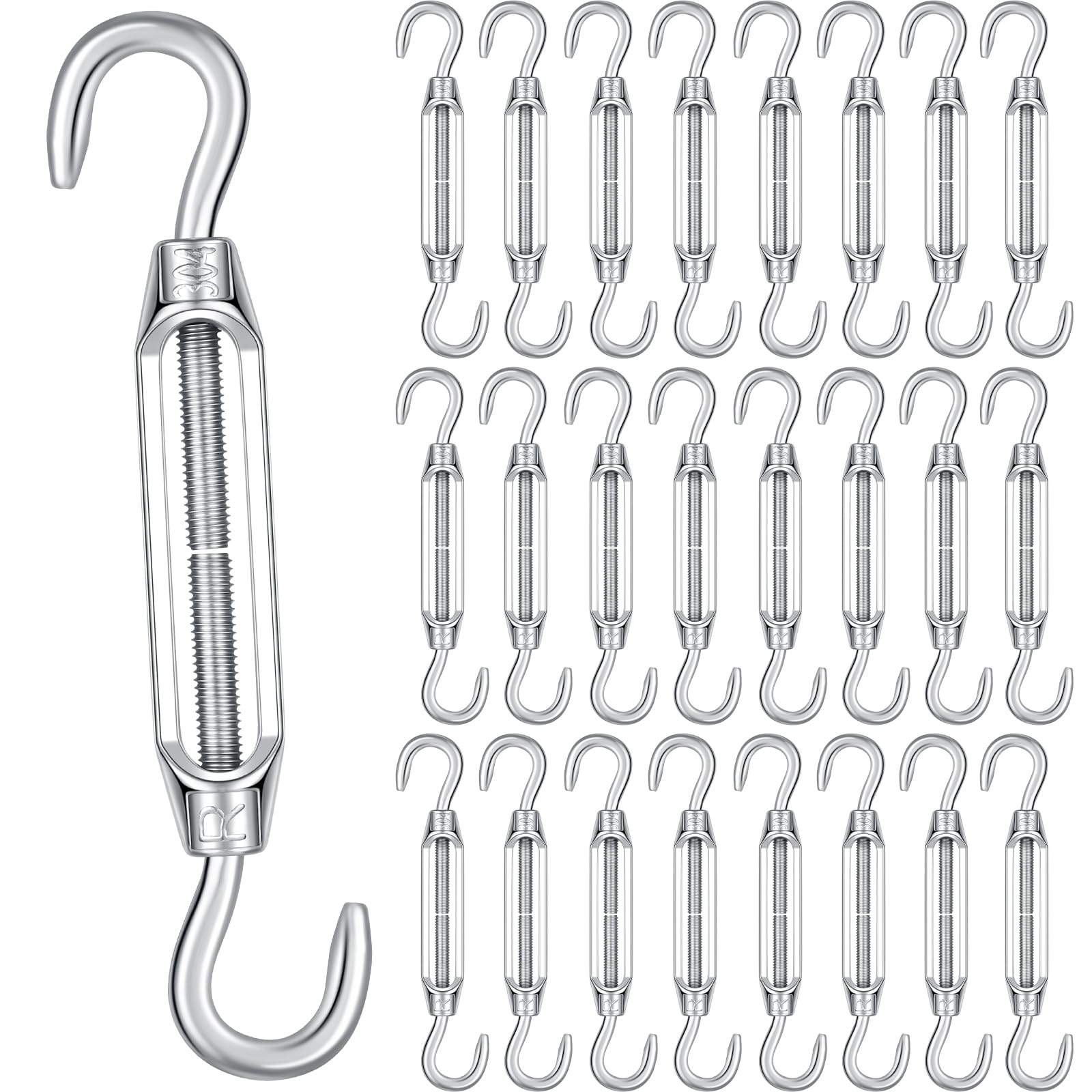 Therwen 24 tenditori da 4 mm con gancio e gancio per tensione di cavi, in acciaio inossidabile 304, per fai da te, per appendere quadri, filo da giardino, recinzione, corda per tenda