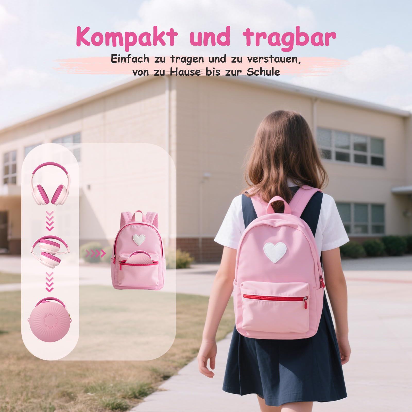 TONOSHARK Bluetooth Kopfhörer Kinder | Noise Cancelling Kinder Kopfhörer | Over-Ear Kinderkopfhörer Bluetooth Kabellos Mit Mikrofon | 60h Spielzeit (Rosa) - Für Schule/Reisen | Inkl. Tragetasche