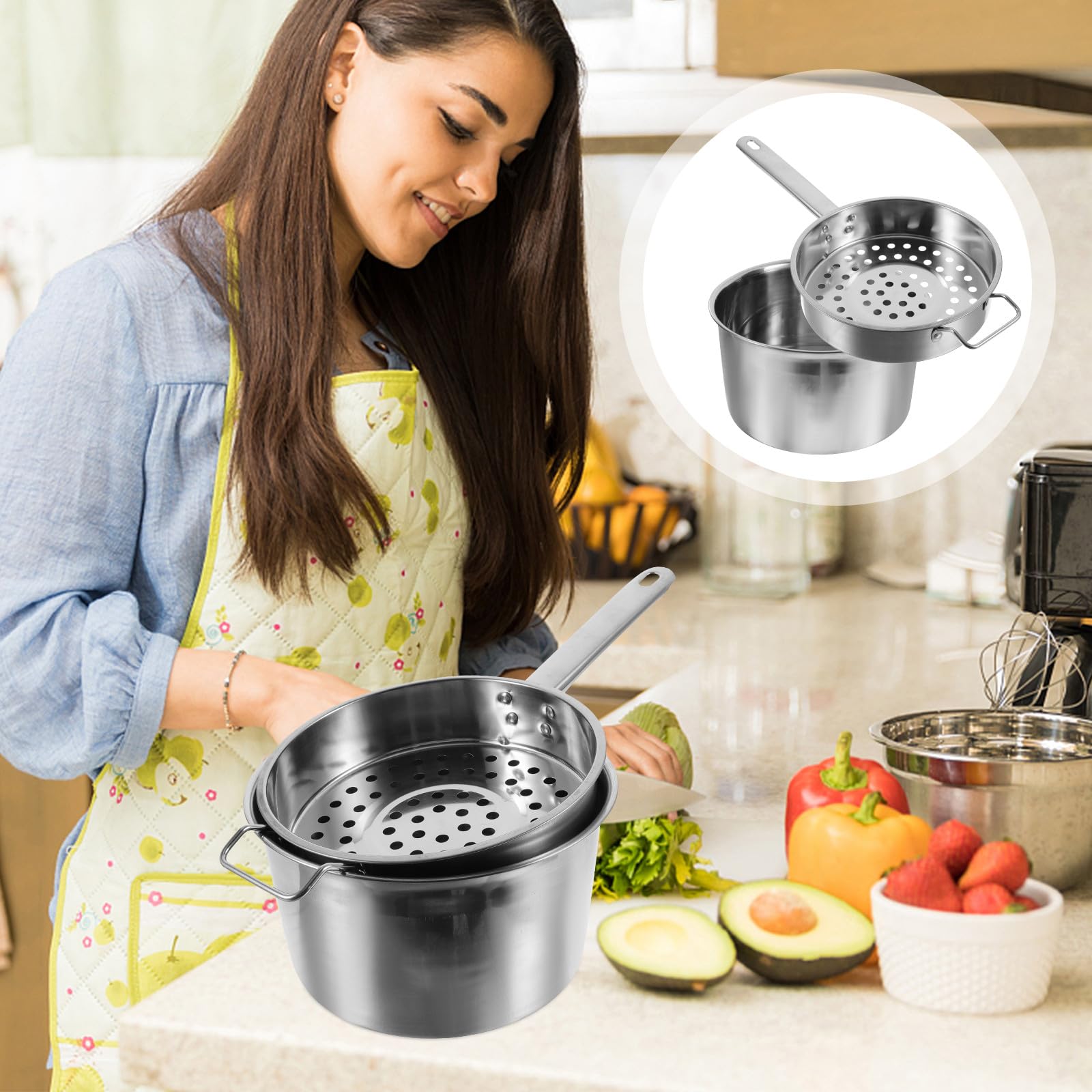 Passoire Inox Multi-fonction en Acier Inoxydable Grandes Perforations, Louche Passoire Bien Polie pour Nouilles et Barbecue, 1 Set Argenté