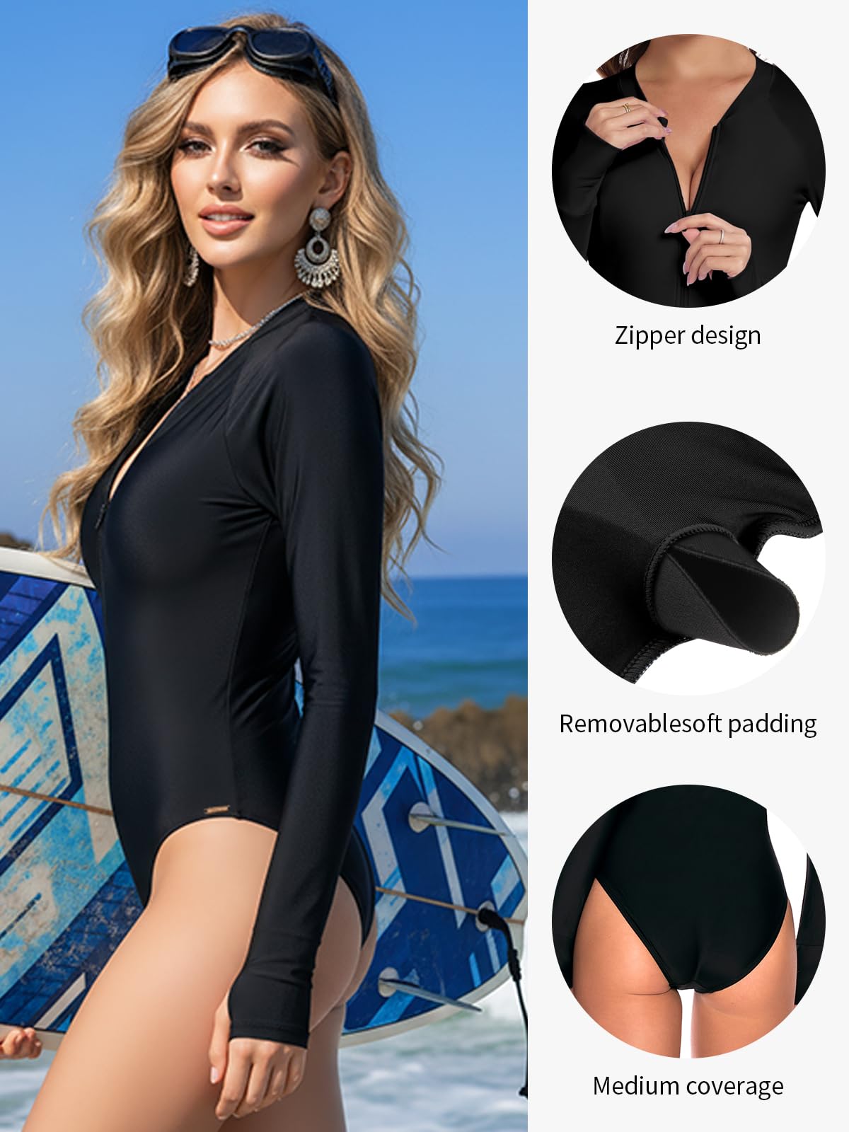 RELLECIGA Traje de baño de una pieza para mujer, manga larga, protección contra la erupción UV, traje de baño, Negro, XX-Large
