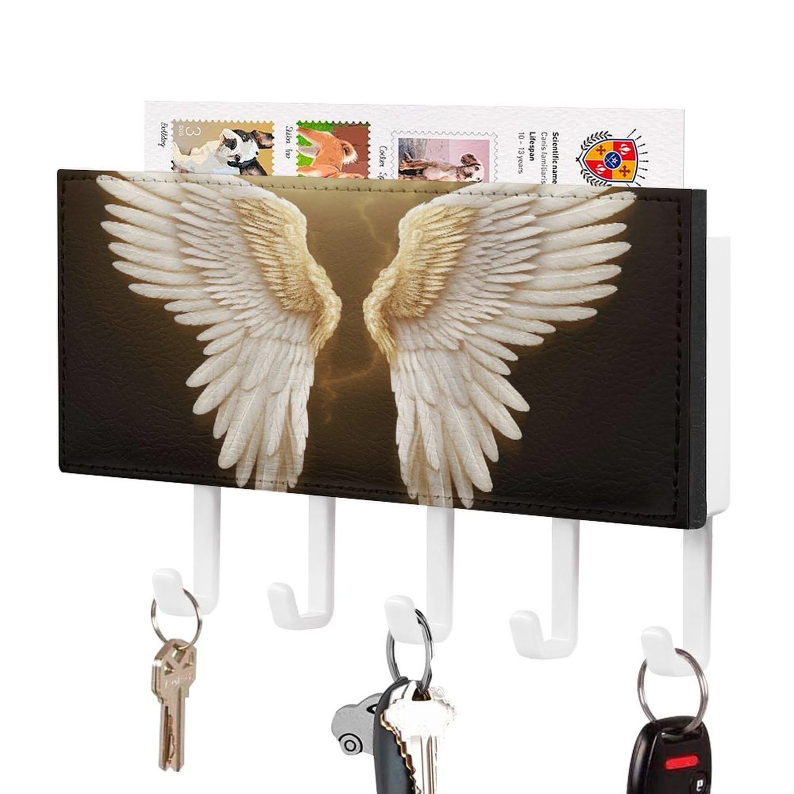 Colgador de llaves de piel sintética y ala de ángel, estante de metal premium para pared