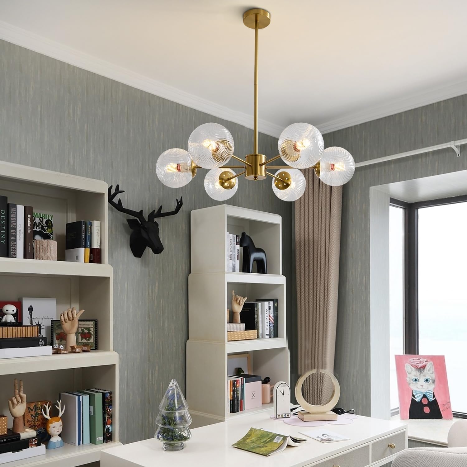 Pendelleuchte Mid-Century Modern 6-flammiger Kronleuchter goldene Sputnik Pendellampe Vintage grüne Deckenleuchte aus gebürstetem Messing Glaskugel Kronleuchter für Schlafzimmer Flur Esszimmer