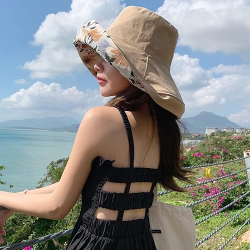 Miniatura 7 de HUAMULAN Sombrero de sol de verano para mujer, ala ancha, borde con alambre, floral, playa, cubo, sombreros reversibles, plegables, protección UV,