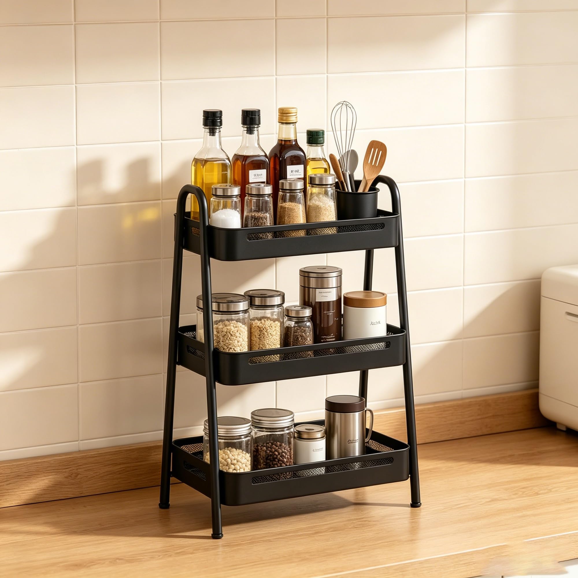 TYNGBT 3 Tier Black Metal Kitchen Counter Storage Rack Spice Organizer for Condiment Oil Jar Utensils