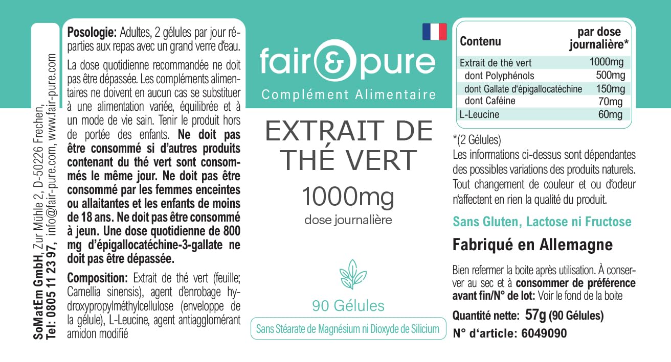 Fair & Pure® - Estratto di tè verde 1000 mg (Camilla sinensis) - 90 capsule - 50% polifenoli (tra cui EGCG) - vegano - senza magnesio stearato