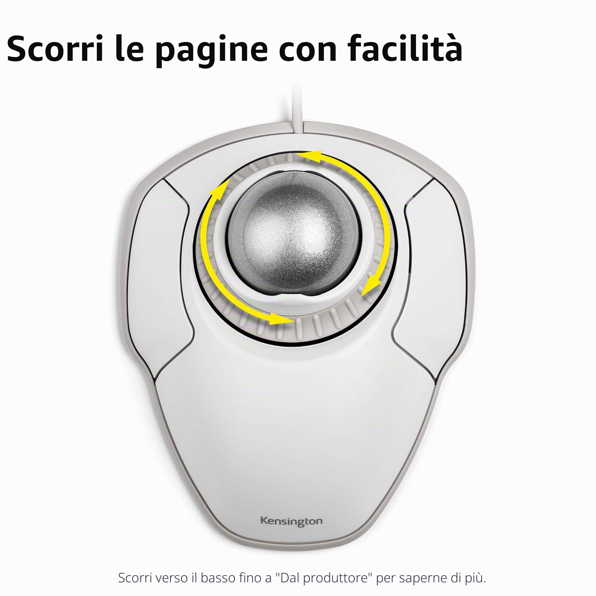 Kensington Mouse Trackball Orbit con cavo per PC, Mac e Windows, Rotella di Scorrimento, Design Ambidestro, Tracciamento Ottico, sfera da 40 mm, Bianco/Argento (K72500WW)