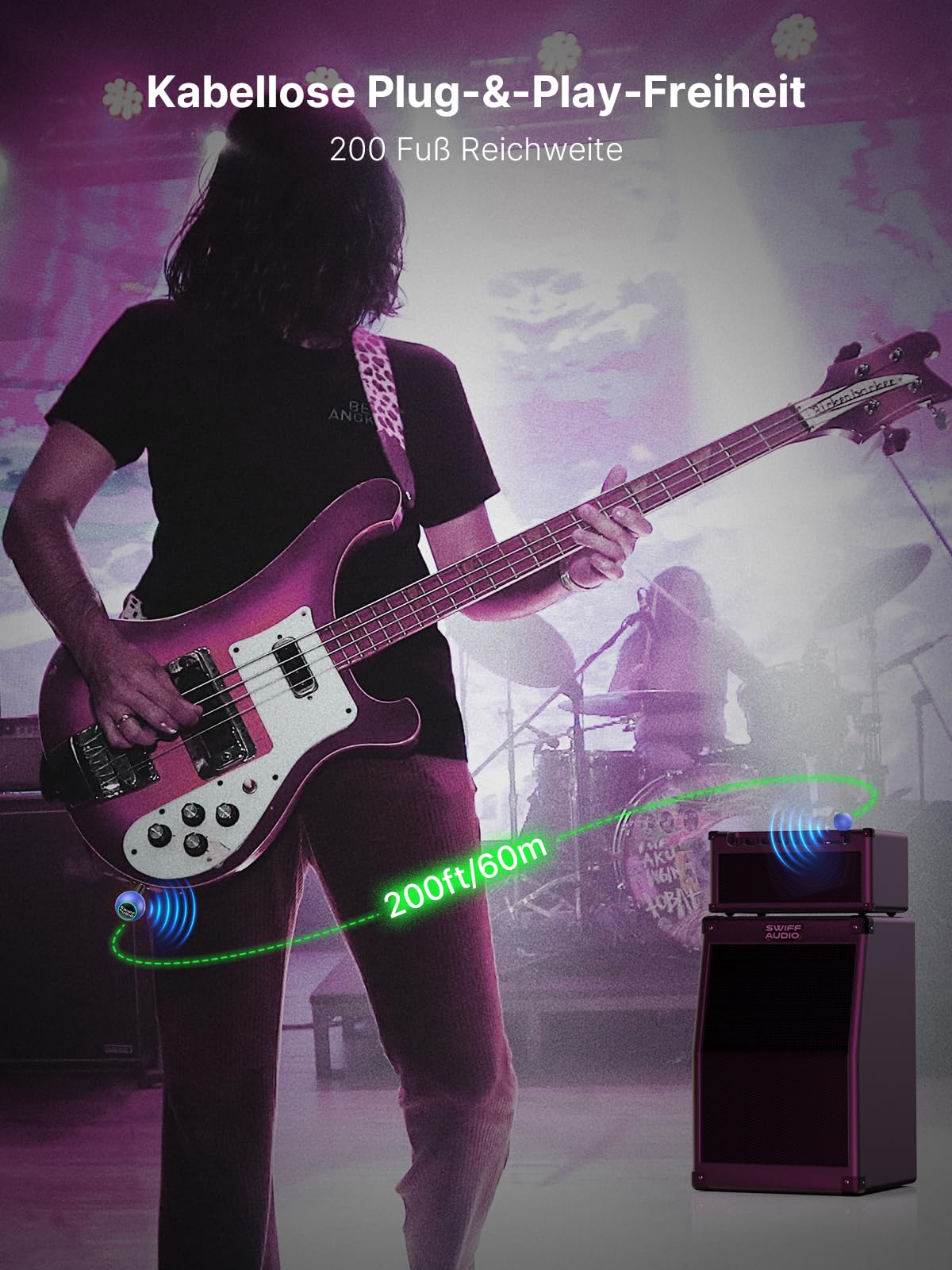 WT09B Funk-Gitarrensystem, Sender & Empfänger, 6 Kanäle mit Auto-Umschaltung, 5,8 GHz, <5,5 ms Latenz, 60 m Reichweite, 1 MΩ HiFi-Eingang, RGB-Anzeige, 4 Std. Laufzeit, Profi-Reiseset, Blau