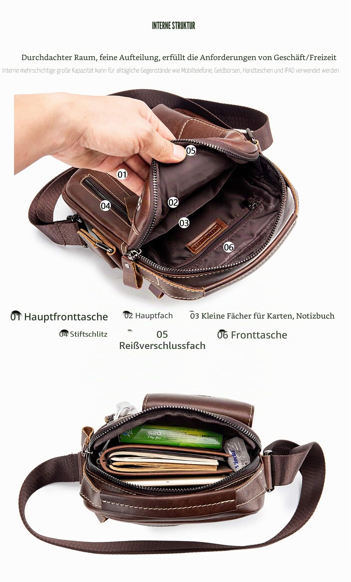 Herren Schultertaschen Freizeit Fashion Echtleder Crossbody Tasche