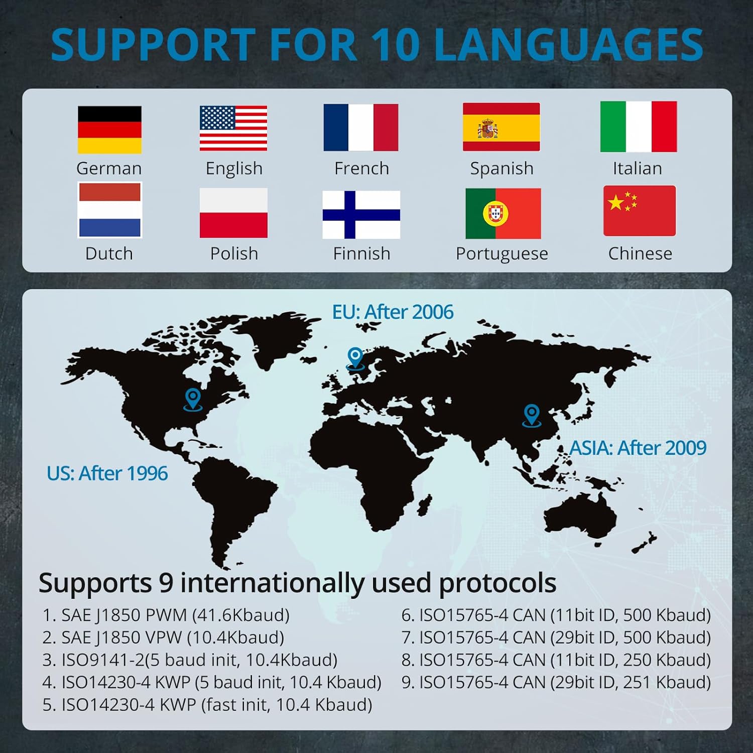 World map showing vehicle compatibility and supported languages and protocols