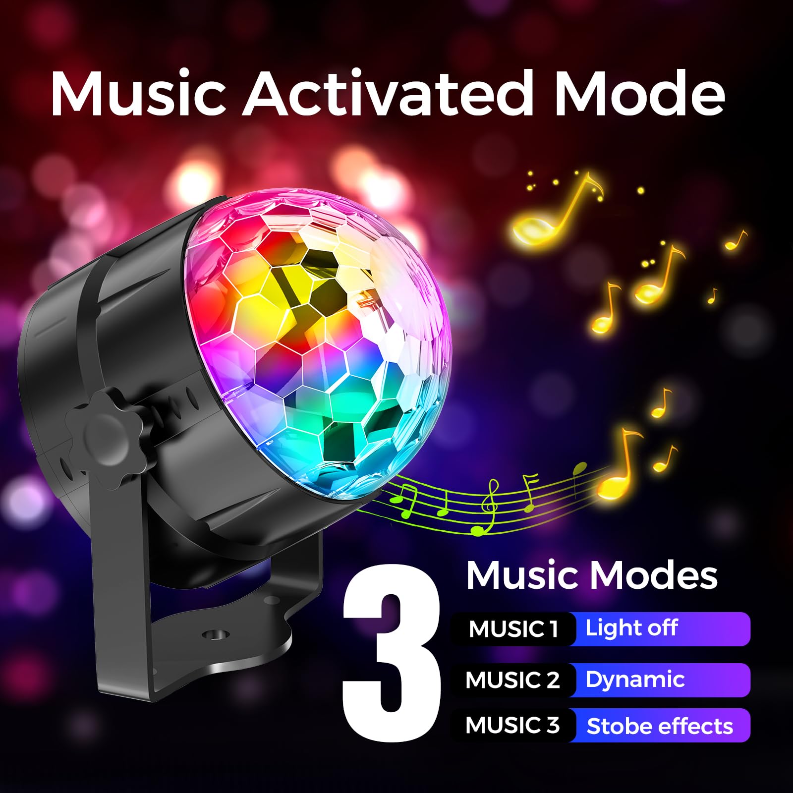 Gobikey Luci discoteca, 360° rotante con controllo musicale, palla da discoteca per feste con telecomando e cavo da 2 metri, 15 effetti luminosi RGBP, ideale per feste in casa, compleanni, festività