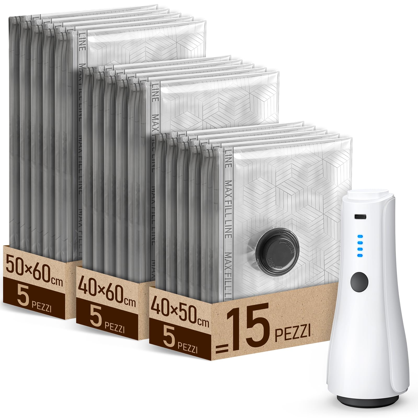 CIRYCASE 15PCS Sacchetti Sottovuoto Vestiti con Pompa Elettrica -5000PA | 2000mAh Portatile Buste Sottovuoto Compressione, Riutilizzabile Salvaspazio, Organizer per Bagagli/Deposito Domestico/Viaggi