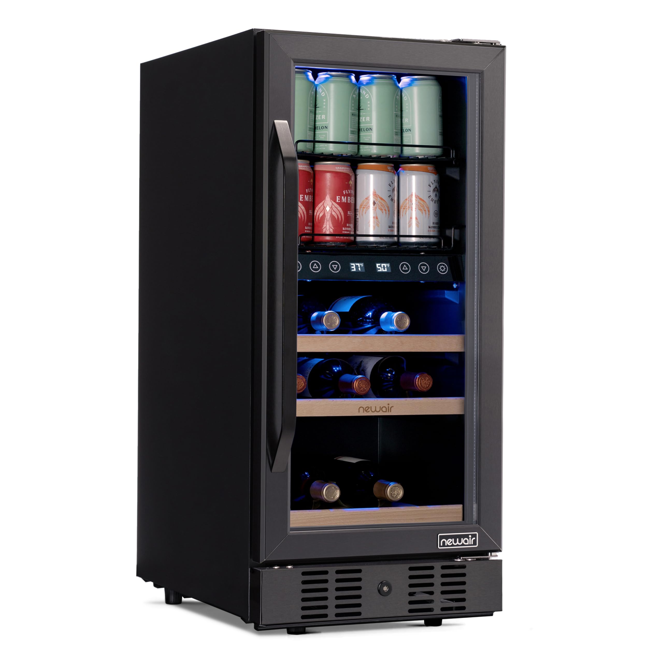 NewAir 15" Wine and Beverage Refrigerator 9 Bottle and 48 Can Capacity, Beverage Cooler in Stainless Steel, Built-in or Freestanding Dual Zone Drink Fridge with Triple-Pane Glass Door | Fridge.com