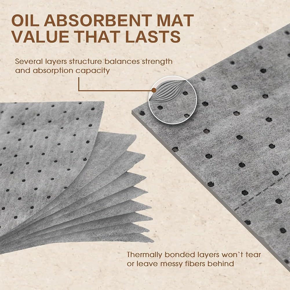 Paquete 100 Almohadillas Absorbentes Aceite 16x18", Alfombrilla Absorbente Aceite Polipropileno, Absorbentes Universales para el Control Derrames Aceite Refrigerante