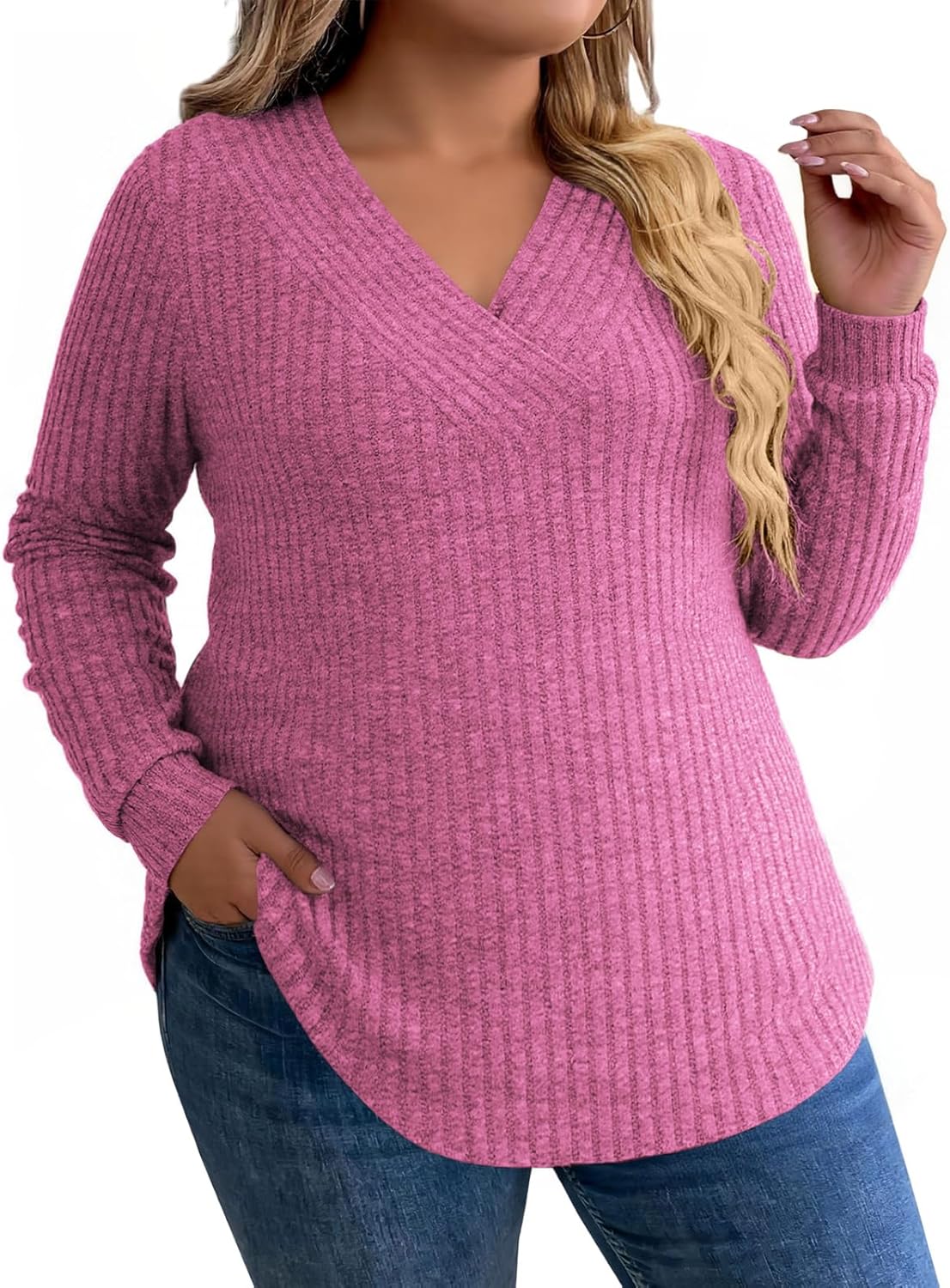 VISLILY Womens-Plus-Size-Tops Trendy V Neck Casual Long Sleeve Shirts Lightweight Knit Sweaters Cute Pullover Tunics Blouses - Image 4