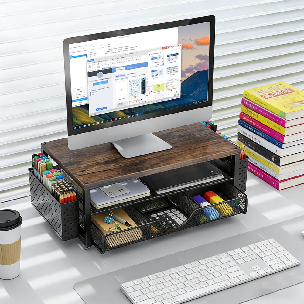Supporto per monitor con cassetto, organizer da scrivania per schermo e laptop, ergonomico rialzo per monitor come accessorio per scrivania e gadget (nero)