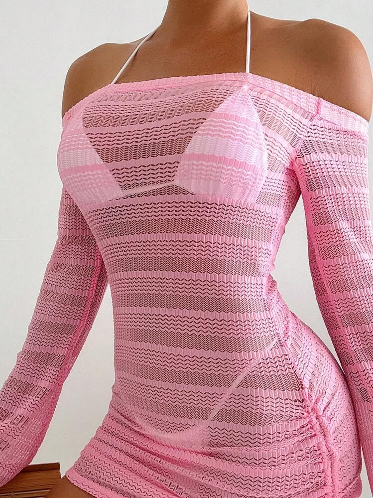 Image of ZAFUL Womens Swimsuit Cover Up Dress Off Shoulder Hollow Coverup Bathing Suit Mesh Swim Beach Dress